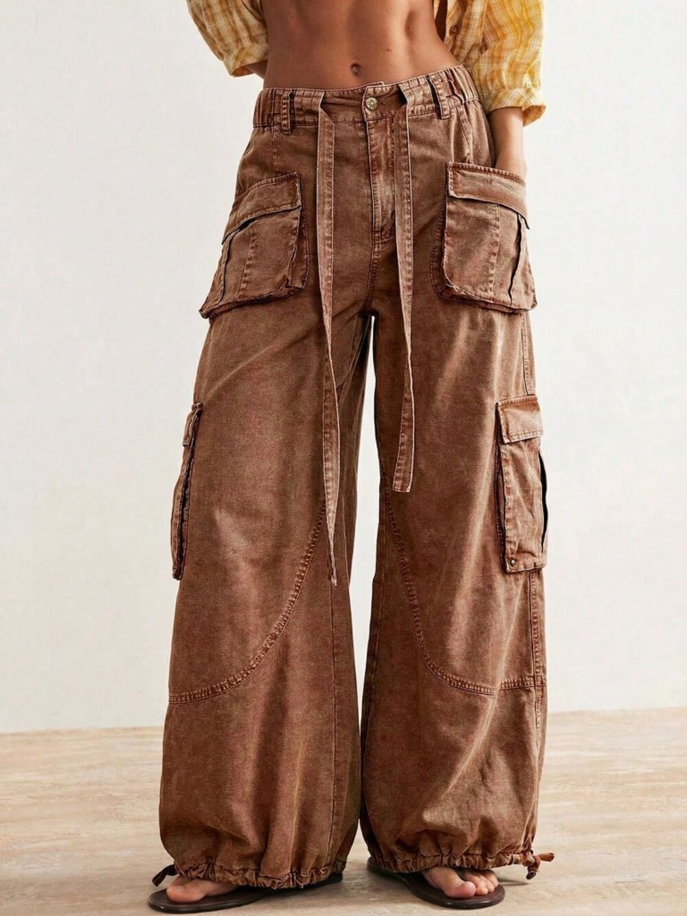 Brown Casual Women's Woven Loose Drawstring Waist Low-Rise Wide Leg Pants - Picture 3 of 10